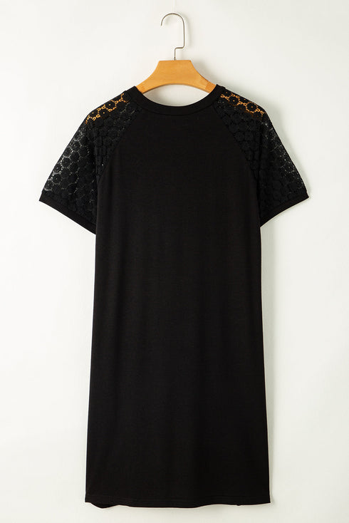 Contrast Lace Raglan Sleeve Pleated Detail Shift Dress